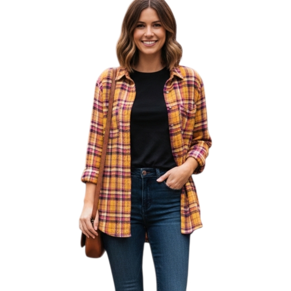 Pilcro Anthropologie Plaid Button Down Blouse Gold Purple Drapey S NWT